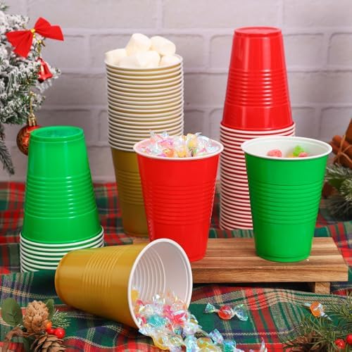 JarThenaAMCS 150Pcs Christmas Plastic Cups 16Oz Red Green Gold Disposable Drinking Cup Stackable Party Cups for Winter Xmas Birthday Party Supplies