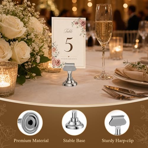 ERYTLLY 36 PK Place Card Holders 1.7 inches Table Card Holder Steel Card Holders for Weddings,Birthdays,Photos, Memo Notes, Restaurants (Silver 36PK)