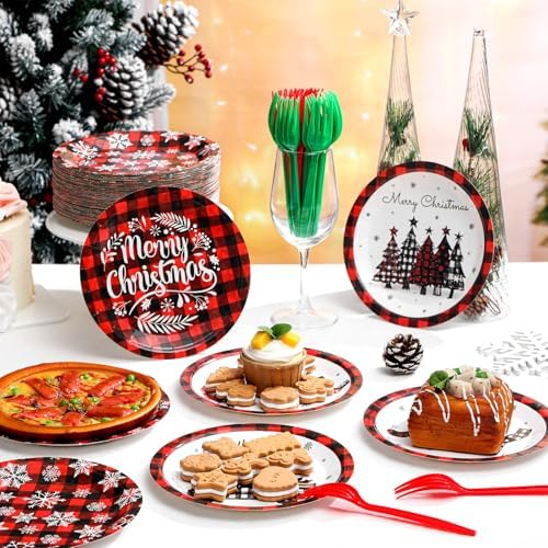 Fourluoo 96 Pcs Red Buffalo Plaid Christmas Paper Plates Disposable Dinner Plates for Xmas Birthday Party Table Decor