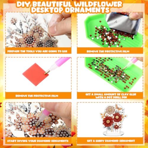 Kosiz 16 Pcs Fall Wildflower Diamond Art Tabletop Decor Fall Diamond Art