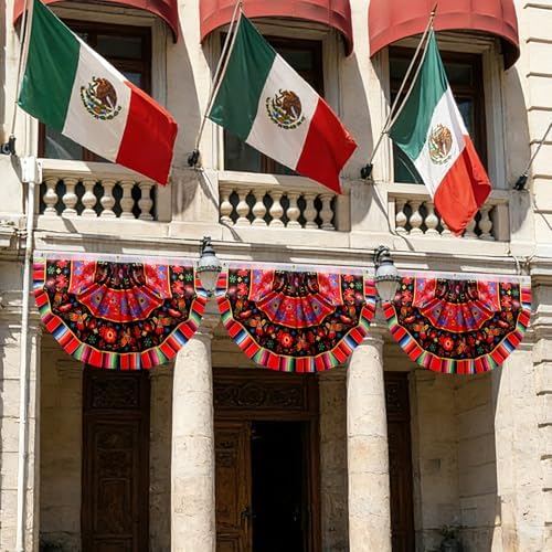 Outus 3 Pcs Mexican Fiesta Party Decoration 1.5 x 3 ft Mexican Pleated Bunting Fan Flag Cinco De Mayo Folk Art Half Fan Flag Hanging Banners for Carnivals Taco Birthday Party Favors