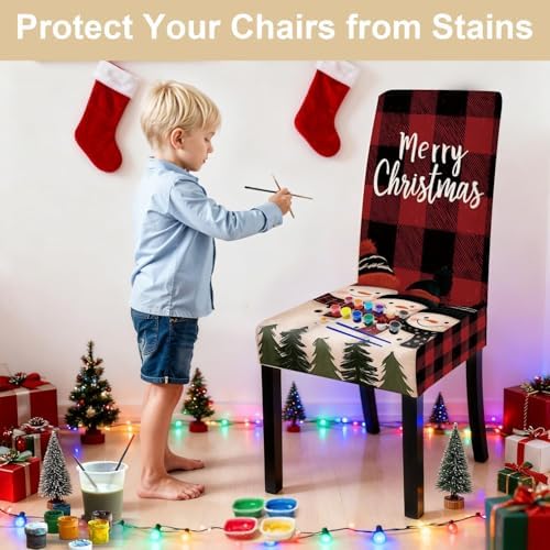 Merry Christmas Snowman Chair Covers Set of 4, Stretchable Dining Chair Slipcovers with Red Plaid and Christmas Trees for Holiday Decor