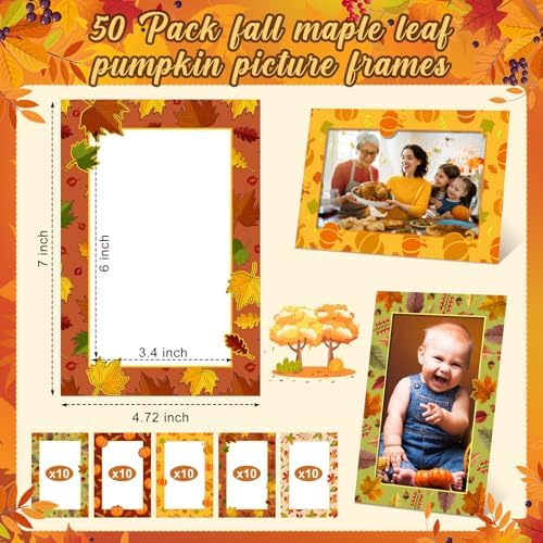 AmazingSpark 50 Pack Paper Photo Frames, Fall Pumpkin Leaves