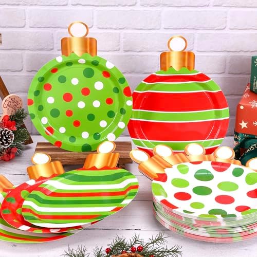 Whaline 60 Pcs Christmas Ball Paper Plates Dinner Plates 9 Inch Red Green Dots Stripe Christmas Ball Shape Disposable Plates for Xmas Winter Holiday Party Table Decor Supplies
