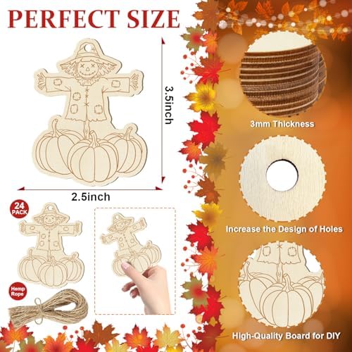 Wooden Fall Ornaments to Paint Halloween Thanksgiving Decoration Cutouts Unfinished 24PCS, DIY Blank Unfinished Maple Leaf Wood Discs Ornament for Home Harvest Crafts Hanging Autumn Decorations