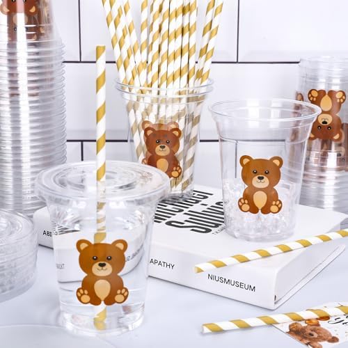 Whaline 50 Pcs Bear Disposable Plastic Cups with Lids and Straws 12 Oz Cute Brown Bear Cold Beverage Drinking Cups for Baby Shower Birthday Party Supplies