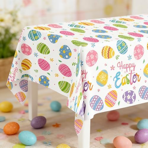 3-Pack Easter Egg Disposable Plastic Tablecloths – 54 x 108 Inch Rectangular Table Covers for Spring Parties and Holiday Decor