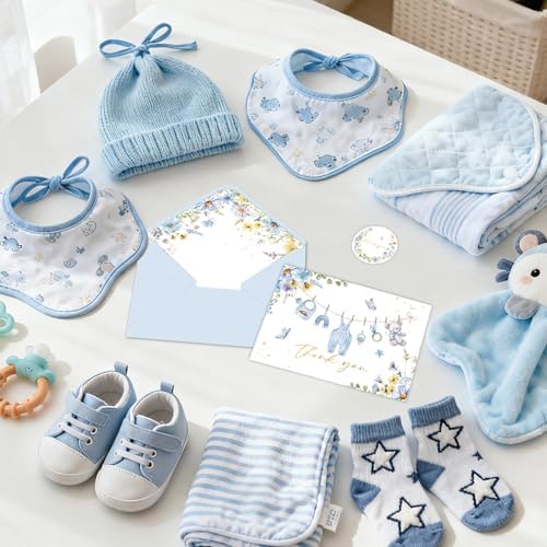24 Pack Blue Flower Baby Shower Thank You Cards, Boy Baby Gift Card with Envelopes and Stickers, Greeting Cards Bulk for Baby Shower Party