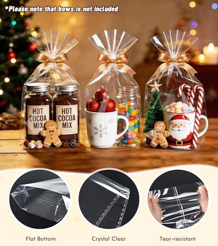 Flat Bottom Cellophane Bags with Twist Ties, 55 CT 10x14 Inches Cellophane Wrap for Gift Flat Bottom Clear Treat Bags Cello Packaging for Party Favors, Bridal Showers and Wedding Gift Wrapping