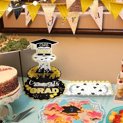 Yungyan 5 Set 2026 Graduation Cupcake Stand and Serving Platters Trays for 50 Cupcakes Black Gold 3 Tier Graduation Cap Cardboard Holder Tower Class of 2026 Congrats Grad Dessert Party Decor Supply