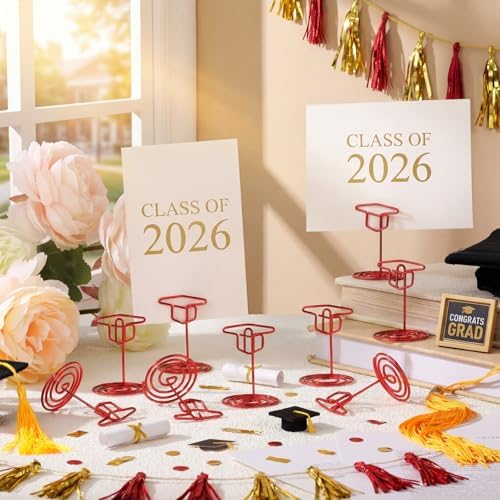 Rtteri 30 Pcs Grad Cap Graduation Picture Display 2 Inch Red Photo Holders for Centerpieces Graduation Card Stands Table Number Holders for Class of 2026 Grad Party Supplies