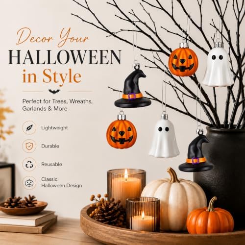 VioraWhite 30 Pcs Halloween Hanging Ornaments Cute Sliver Ghost, Gold Pumpkin and Witch Hat Lantern Home Decoration Mini Plastic Halloween Tree Decorations for Holiday Party Decor