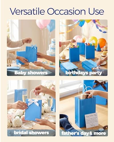 SUNCOLOR 24-Pack Blue Gift Bags with Handles, 8" Goodie Bags for Party Favors, Baby Showers, Birthdays