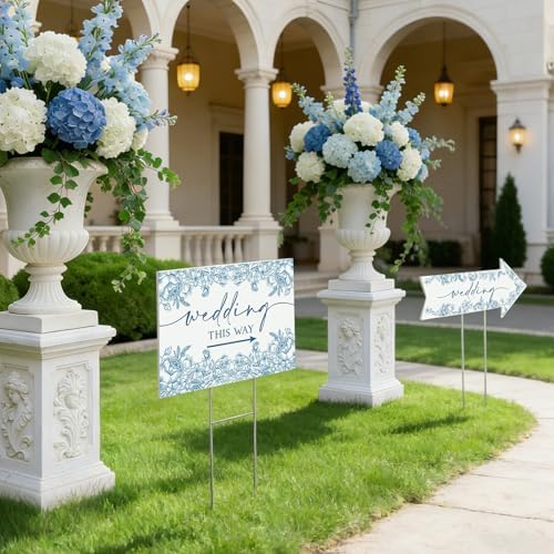 8 Pcs 17 × 8.5" Wedding This Way Directional Parking Signs Road with Stakes Large Double Sided Direction Printed Ceremony Reception Lawn Yard Arrow Sign Exquisite Plastic Rainproof (Blue Flower)