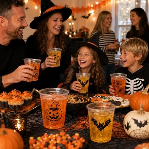 Halloween Plastic Cups, 100 Pack 12 oz Disposable Party Cups, 4 Designs