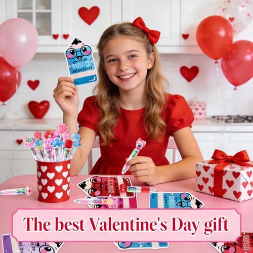 30 Pack Valentines Fun Pens with Cards Cute Multicolor 4-in-1 Gift Pens