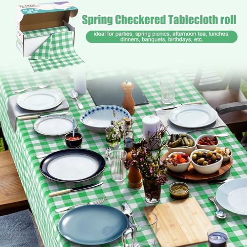Kochorie 54 Inch x 300 Ft Light Green Checkered Plastic Table Cloth Roll Disposable Waterproof Table Cover Plastic Table Cover Roll with Easy Slide Cutter for Outdoor Picnic/Home Dining/Spring Party