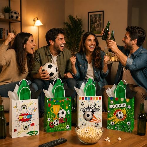 12 Pcs Soccer Goodie Bags with Handles, 2 Styles Soccer Snack Bags for Team, Soccer Snack Gift Bags for Birthday Game Day Sport Themed Party Supplies (8.3 × 6.3 × 3.1 in)