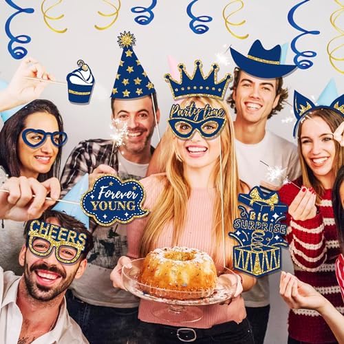 36 PCS Photo Booth Props Party Supplies Holiday Picture Decorations Blue Paper Photo Props for Birthday Party Favors Pose Sign Kit Fun