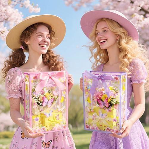 Capoda 24 Pack Butterfly Gift Bags with Handles Pink Purple Floral Party Favor Bags for Girls Birthday Reusable Plastic Goodie Bag Medium Treat Bag for Baby Shower Spring Garden Tea Party Supplies