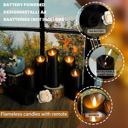 Nimiko Flameless Candles with Remote, Battery Operated Flickering Flameless Candles, LED Candles with Timer 2/4/6/8H, with Realistic LED Candles Set of 24 (D2.2 x H 5" 6" 7") (Black)