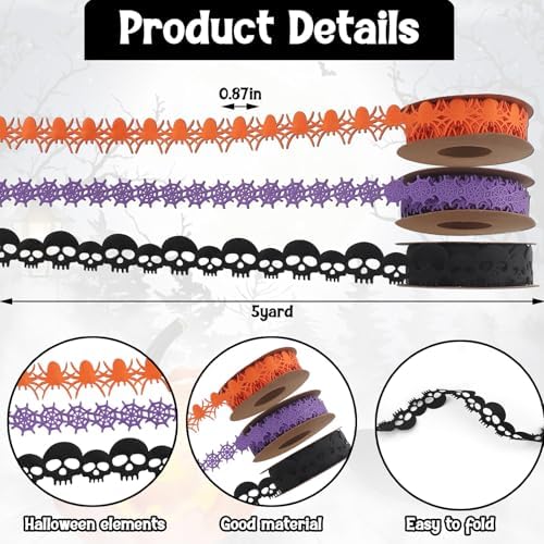 Threetols 3 Rolls 15 Yards Halloween Ribbons, Black Purple Orange Skull Spider Web Shape Craft Trim Embellishment for Gift Wrapping Party Decoration