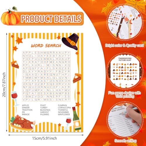 LOAVER 54 Pcs Thanksgiving Trivia Party Game Cards, Double-Sided Word Scramble Search Picture Hunt Activity Cards for Thanksgiving Family Gathering Fall Holiday Party Games Harvest Activities