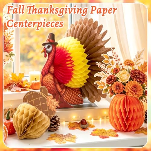 SUNBEAUTY Fall Thanksgiving Decorations, Thanksgiving Table Centerpieces, Honeycomb Turkey Centerpieces Fall Pumpkin Hanging Decor for Autumn Classroom Festival Home Office Table Decor