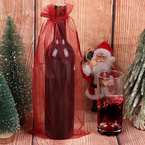 KIMOBER 30Pcs Red Organza Wine Bags, 6.3" × 14.6" Mesh Christmas Wine Bottle Gift Bags with Drawstring for Christmas, Champagne Bottles, Wedding Party Gifts