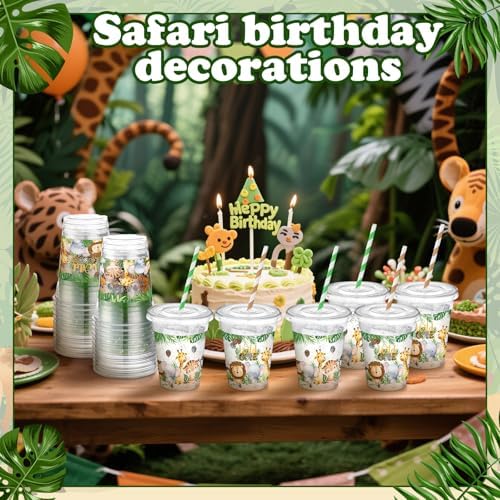 Jingmore 50 Pcs Wild One Plastic Disposable Clear Cups with Lids and Straws