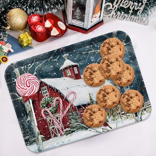4-Piece 15 x 11 Inch Christmas Serving Tray Set, Melamine Reusable Platters with Red Barns, Snowmen, Horses, and Truck, Holiday Party Snack, Fruit, Dessert, and Candy Dishes