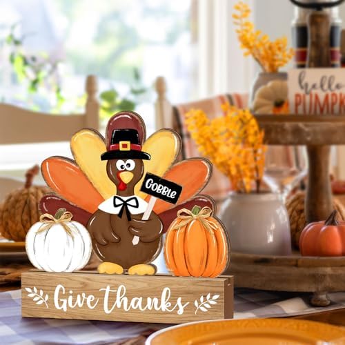 Thanksgiving Turkey Wooden Table Sign Decorations, Give Thanks Turkey Pumpkin with Raffia Bow Rustic, Autumn Harvest Fall Tiered Tray Centerpieces Tabletop Farmhouse Home Decor Gobble