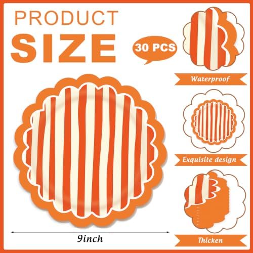 JarThenaAMCS 30Pcs Orange Stripe Paper Plates Fall Scalloped Disposable Plate Striped Dessert Plate for Autumn Thanksgiving Birthday Bridal Baby Shower Wedding Party Table Decor
