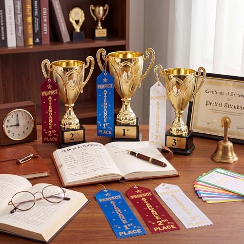 Thiccywoov 90 Pcs Perfect Attendance Ribbons for 1st, 2nd, 3rd Place, 8" x 2" Perfect Attendance Award Ribbons with Event Card and String for Competition Contests School Office Team Contest Ornaments