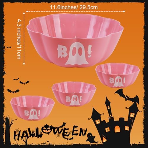 4 Pcs Large halloween candy bowl Trick or Treat Candy Bowl 11.6x4.3 Inch Reusable Plastic Pumpkin Bowl for Halloween Party Decor Supplies (Pink)