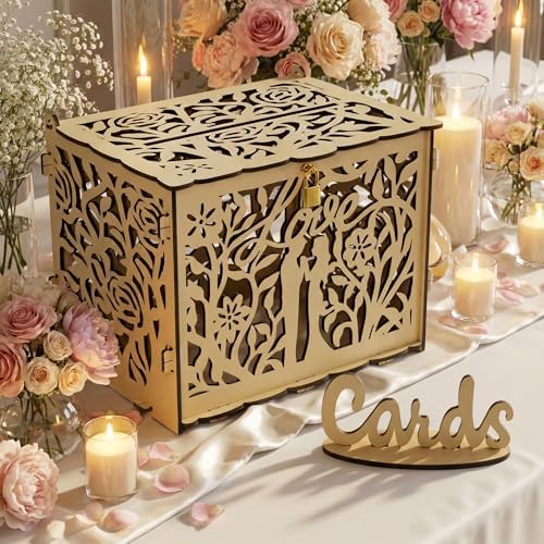 Jolik Bride and Groom Wedding Card Box with Sign, Large Rustic Locking Money Box Holder for Wedding Reception, Gift Card & Envelope Storage, DIY Anniversary & Birthday Party Decoration(Yellow)