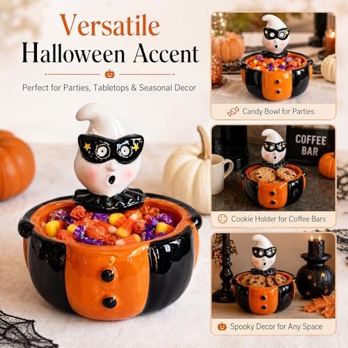 Reallnaive Halloween Candy Bowl Vintage Pumpkin Ghost Ceramic Candy Dish