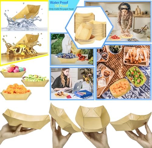 50 Pack 2.5lb Kraft Paper Food Trays, Disposable Paper Food Boat Heavy-Duty Food Serving Basket Tray for Snack Hot Dog French Fries Nachos Taco Popcorn BBQ Party Picnic Wedding Party