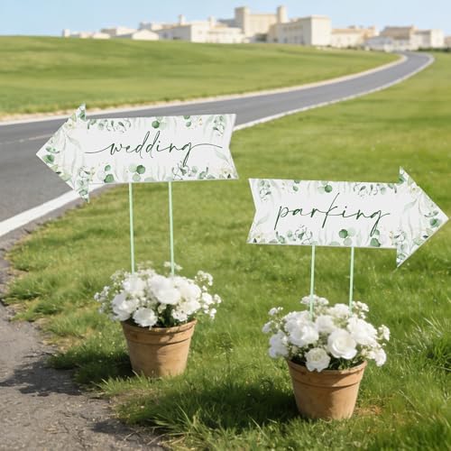 8 Pcs 17 × 8.5" Wedding This Way Directional Parking Signs Road with Stakes Large Double Sided Direction Printed Ceremony Reception Lawn Yard Arrow Sign Exquisite Plastic Rainproof (Green Leaves)