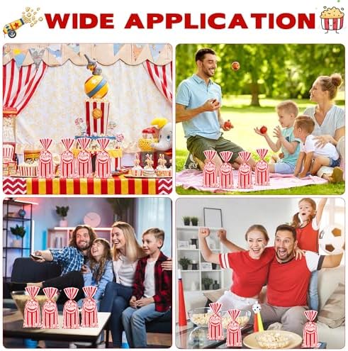 ZYLOP 100 Pcs Popcorn Treat Bags - 5" x 11" Red and White Striped Cellophane Candy Bags for Carnival Circus Theme Party, 100 Pcs Popcorn Goodie Bags with 60 Gold Twist Ties for Birthday, Movie Night