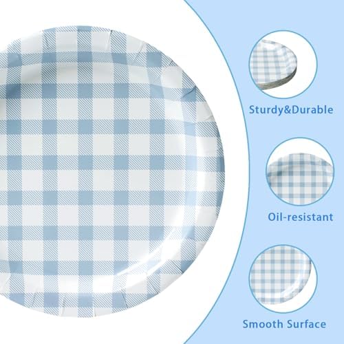 Vyntra 50 Pcs Blue Gingham 7 Inch Round Paper Dessert Plates