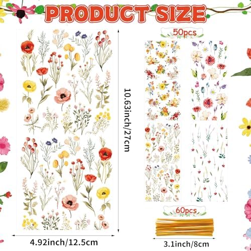 50 Pcs Wildflower Cellophane Treat Bags - 5 x 11 Inch Clear Floral Goodie Bags with Ties for Cookies, Snacks & Gift Packaging, Wildflower Candy Bag for Baby Bridal Shower, Bday, Wedding Party Favors
