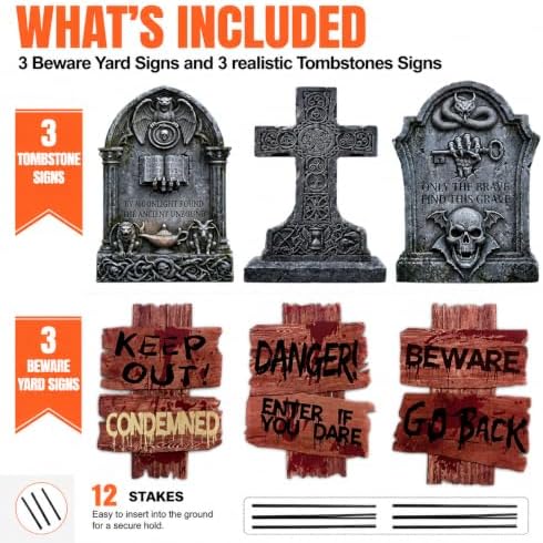 Halloween Decorations Outdoor Yard Signs, 6 Pcs 16.5" Double-Sided Graveyard Tombstones & Beware Props, Scary Zombie Stakes for Lawn Cemetery Setup, Haunted Houses and Trick or Treat Party Decor