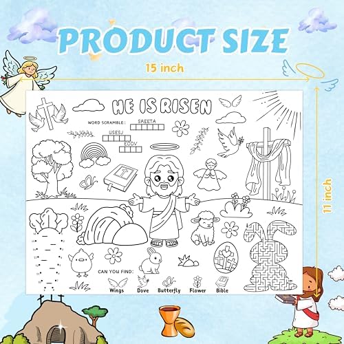 45pcs He is Risen Disposable Coloring Placemats Easter Christian Crafts for Kids Sunday School Easter Party Favors Coloring Poster Religious Activity Church Supplies Paper Table Mats