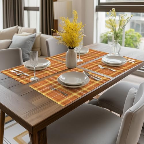 Artoid Mode Orange Striped Check Thanksgiving Vinyl Placemats Set of 4, Heat Resistant Non-Slip Woven Plastic PVC Place Mat for Party Kitchen Dining Decor