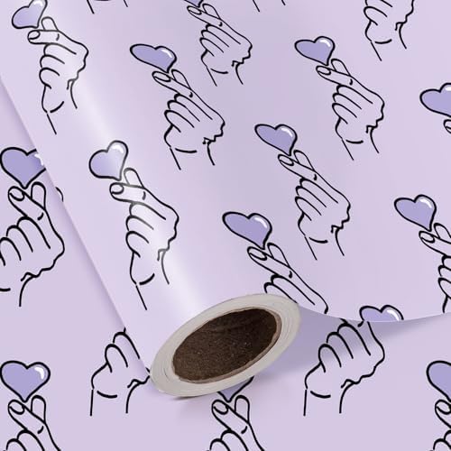 WRAPAHOLIC Valentines Day Wrapping Paper Roll - Mini Roll - 17 Inch x 16.5 Feet - Purple Finger Heart Wrapping Paper for Valentine's Day, Anniversary, Wedding