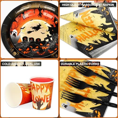 75 Pieces Halloween Paper Plates and Napkins Set - Halloween Party Supplies Tableware Plates, Napkins Baby Shower Scary Moon Night Birthday Decorations Serve 25 (Orange)