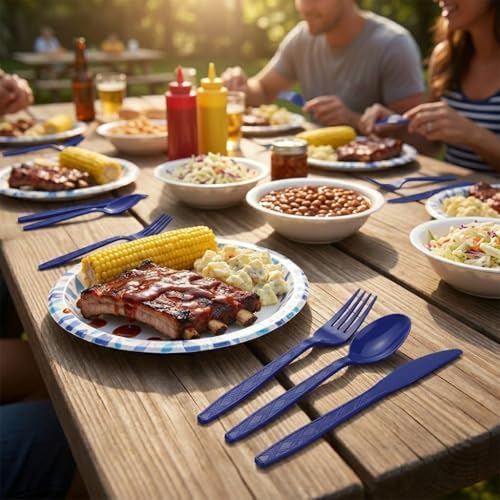 360Pcs Navy Blue Plastic Silverware Set, Disposable Forks Spoons Knives