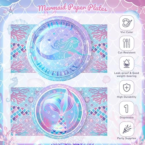 72PCS Mermaid Birthday Plates and Napkins, Mermaid Themed Party Supplies