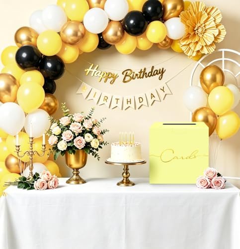 HEIPINIUYE Yellow Wedding Card Box with Gold Foil 9.8" x 9.8" Yellow Large Gift Card Box for Party Wedding Reception Graduation Birthday Baby Shower Cardboard Raffle Envelope Box with Slot